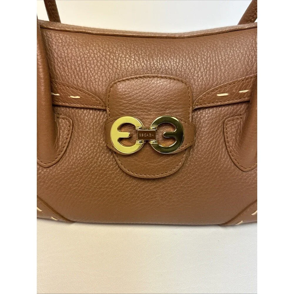 Escada Brown Pebble Leather Stitch Trim Front Flap Gold Hardware Satchel Handbag